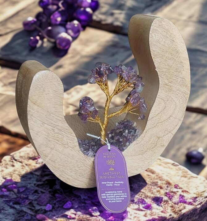 Ametista dārgakmens “Tree Garden” mango koka gredzenā – 60 akmeņu galda dekors